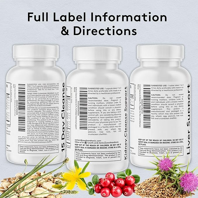 Youth & Tonic 3X Body Cleanse and Detox Pills for Women & Men with Liver, Kidney, Colon Supplements to Support Healthy Functions and for Loss of Unwanted Impurities and Metabolic Waste. 120 Capsules
