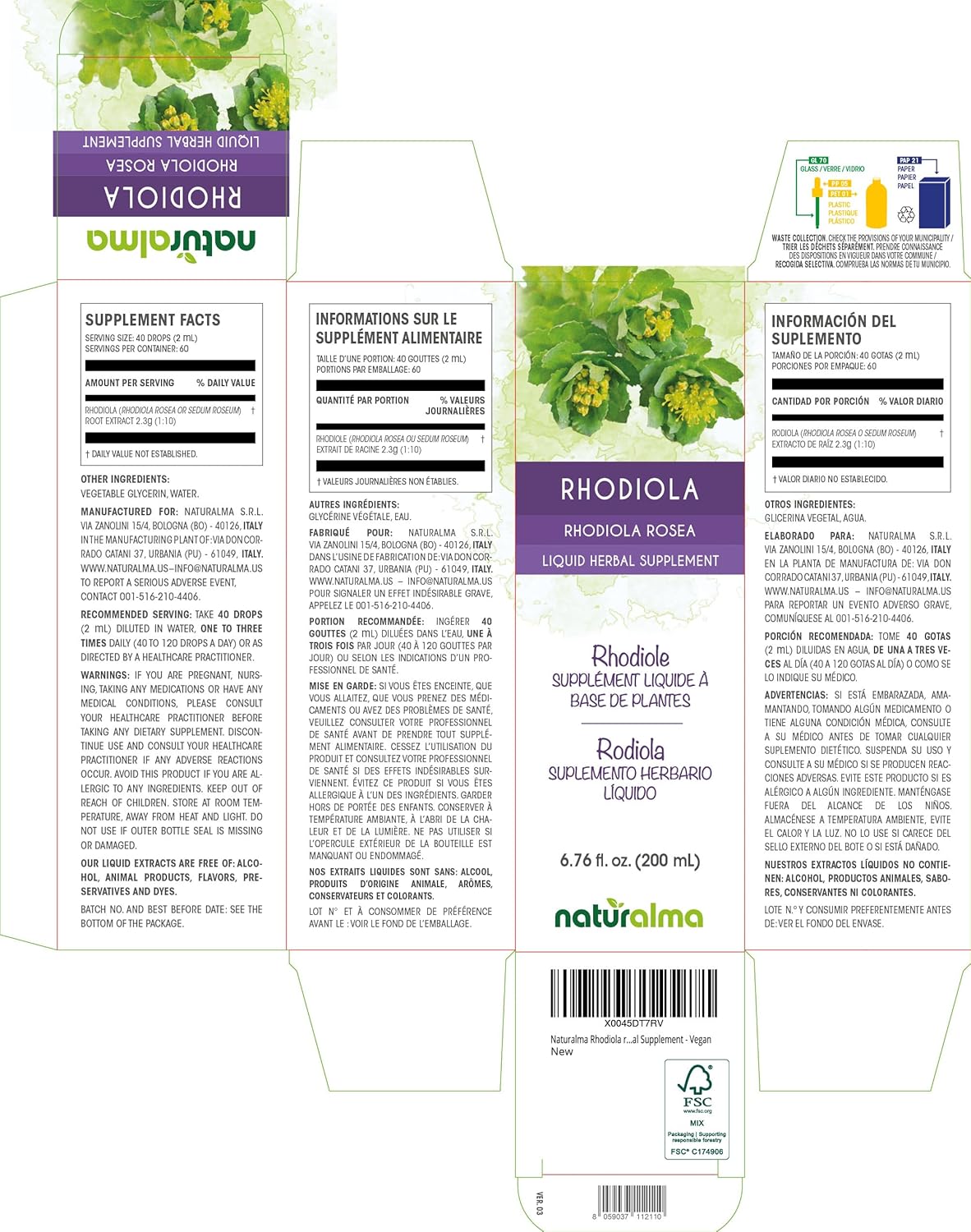 Naturalma Rhodiola rosea (Sedum roseum) Root Alcohol-Free Tincture - 6.76 fl oz Liquid Extract in Drops - Herbal Supplement - Vegan