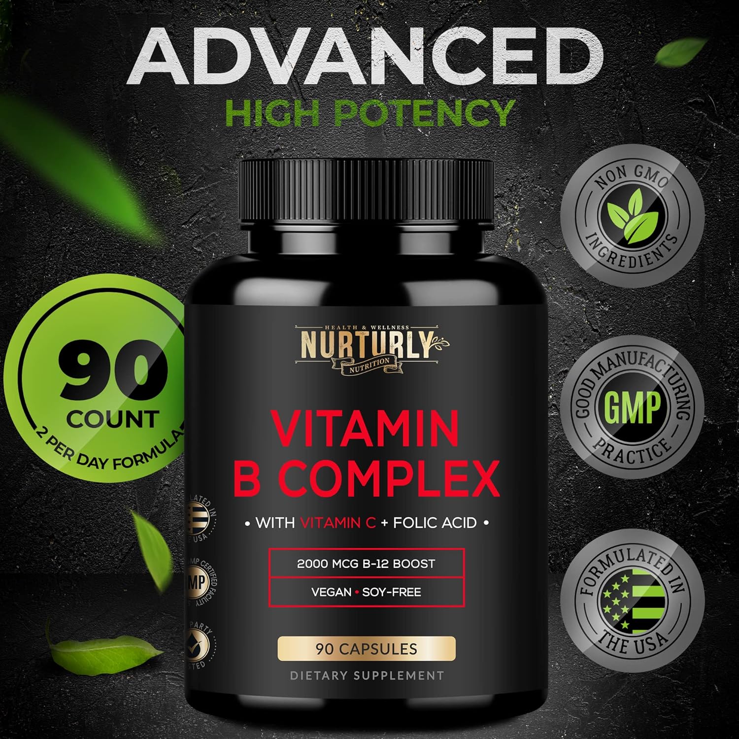 Vitamin B Complex with Vitamin C - Contains All Essential B Vitamins - B1, B2, B3, B5, B6, B7, B9, B12 and Biotin - Super B Complex Vitamins for Energy, Immunity and Mood Support - 90 Capsules