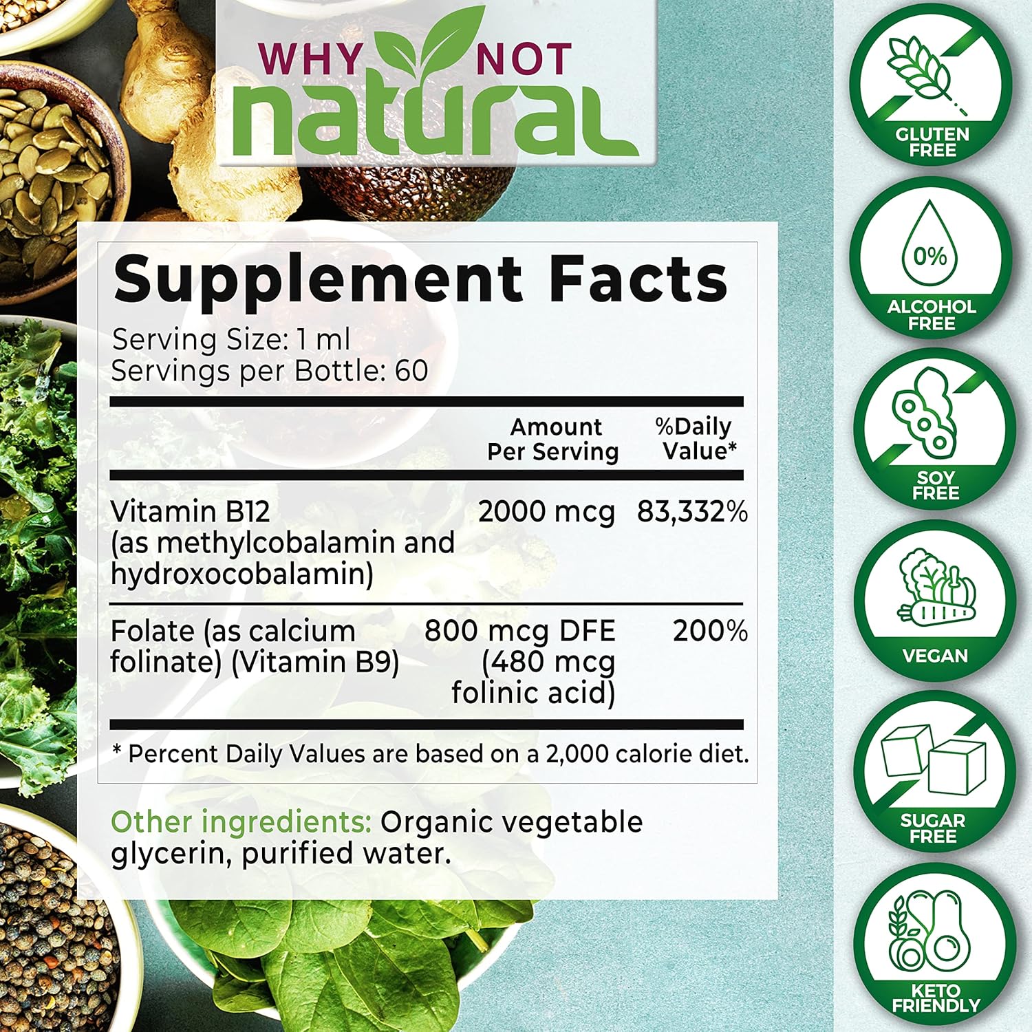 Why Not Natural Vitamin B12 Liquid Plus Folate - Organic Sublingual Extra Strength Vegan Drops - Methyl Supplement with Folinic