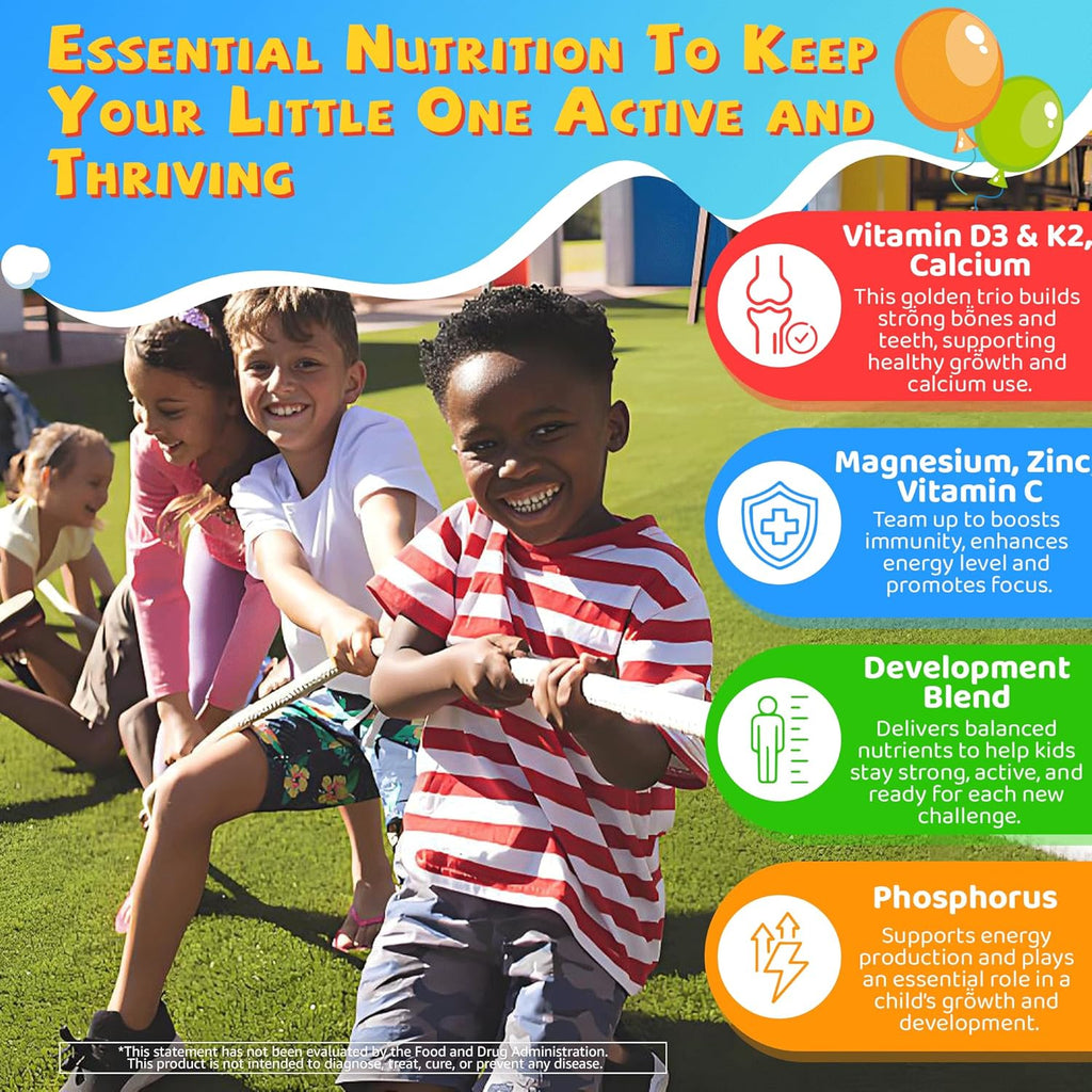 Vitamin D3 K2 Gummies for Kids + Calcium, Magnesium, Zinc, Phosphorus, Vitamin C, Kids Multivitamin D3 & K2 Supplement for Bone Health, Calcium Absorption, Focus & Immunity, Non GMO, Sugar Free, 2Pack