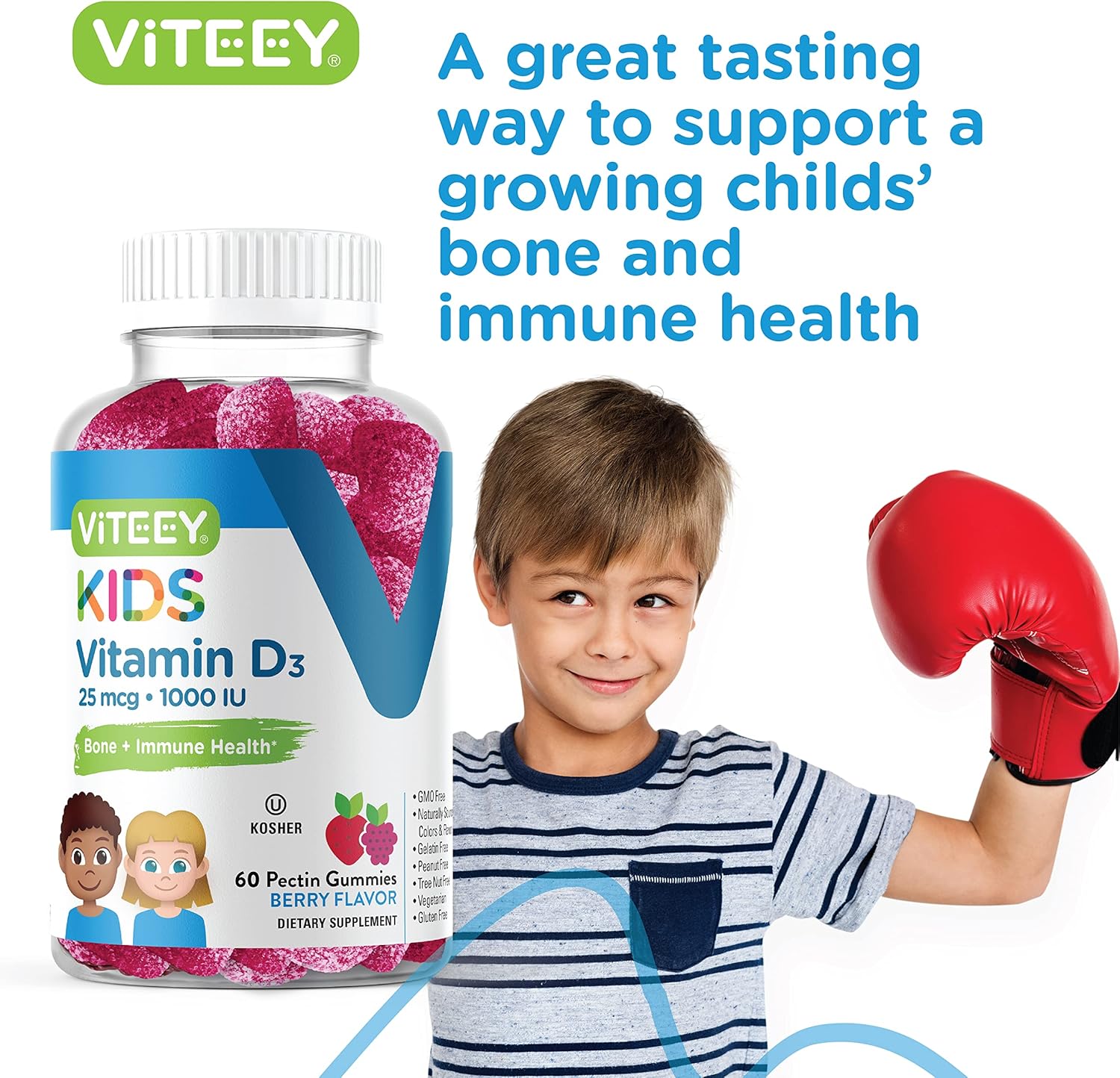 Viteey Vitamin D3 Kids Gummies 25mcg 1000 IU - Bone Health, Immune Health, Joint Muscle Support - Vegetarian, Gelatin Free, Gluten Free, GMO Free - Tasty Chewable Berry Flavored