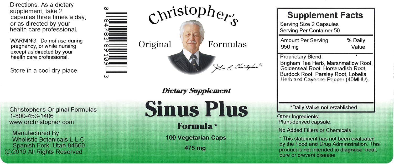Christopher's Original Formulas Sinus Plus, Sinus Support Capsules, Whole Herb Synergistic Blend, 100 Count