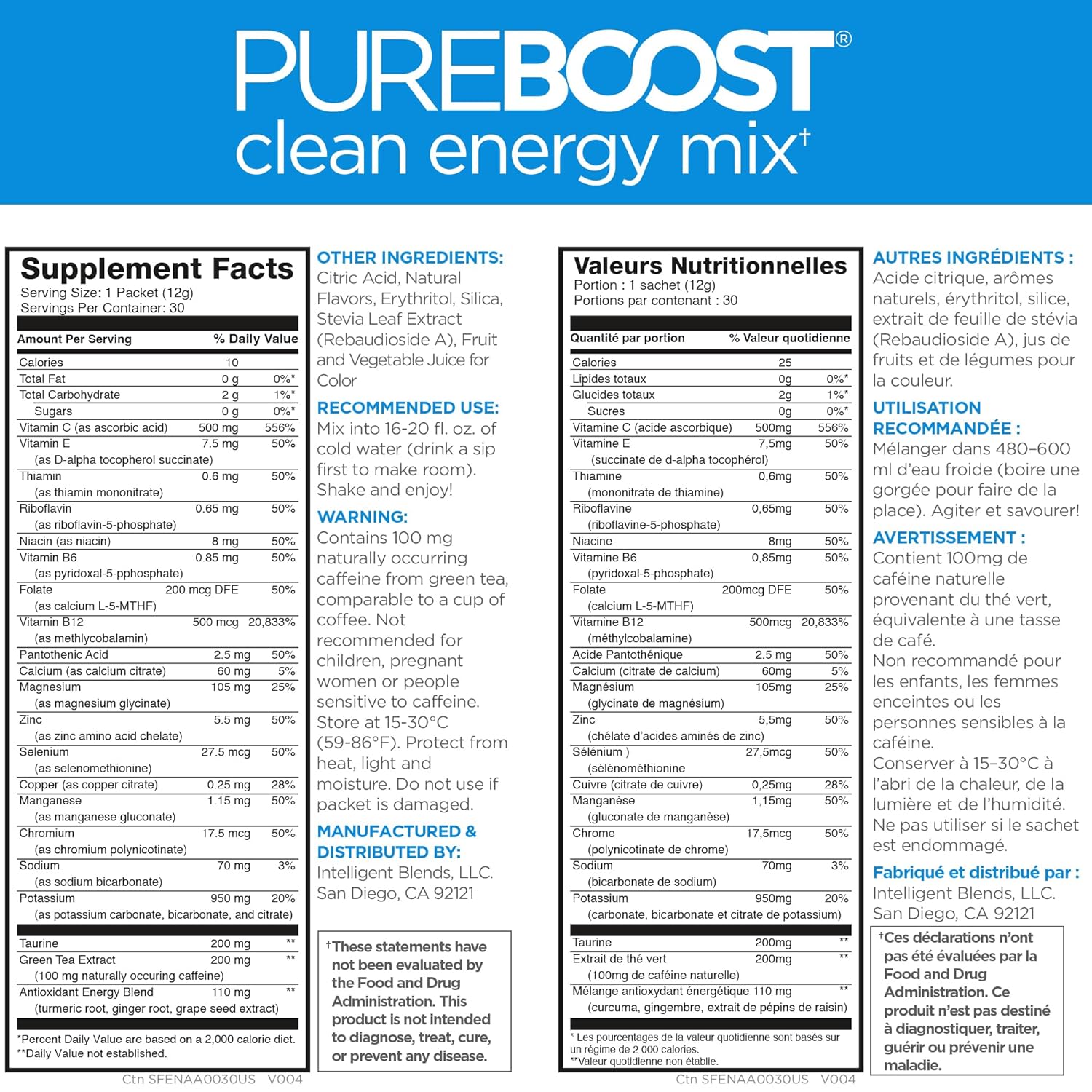 Pureboost Clean Energy Booster, Refreshing Energy Drink Mix with B12 Vitamins, Electrolytes, Antioxidants, Sugar-Free with No Sucralose (Combo Pack, 30 Count)