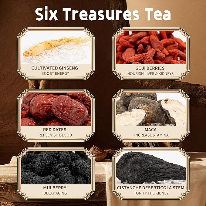 Kidney Tea Formula Ginseng Six Treasure Tea -Upgraded Ginseng Five Treasures,Natural Herbal Blend with 6 Traditional Chinese Herbs Kidney , Caffeine-Free,Detox & Cleanse, Liver Support & Energy Boost For Men Women(1 Pack/30 Bags)(Six treasure)