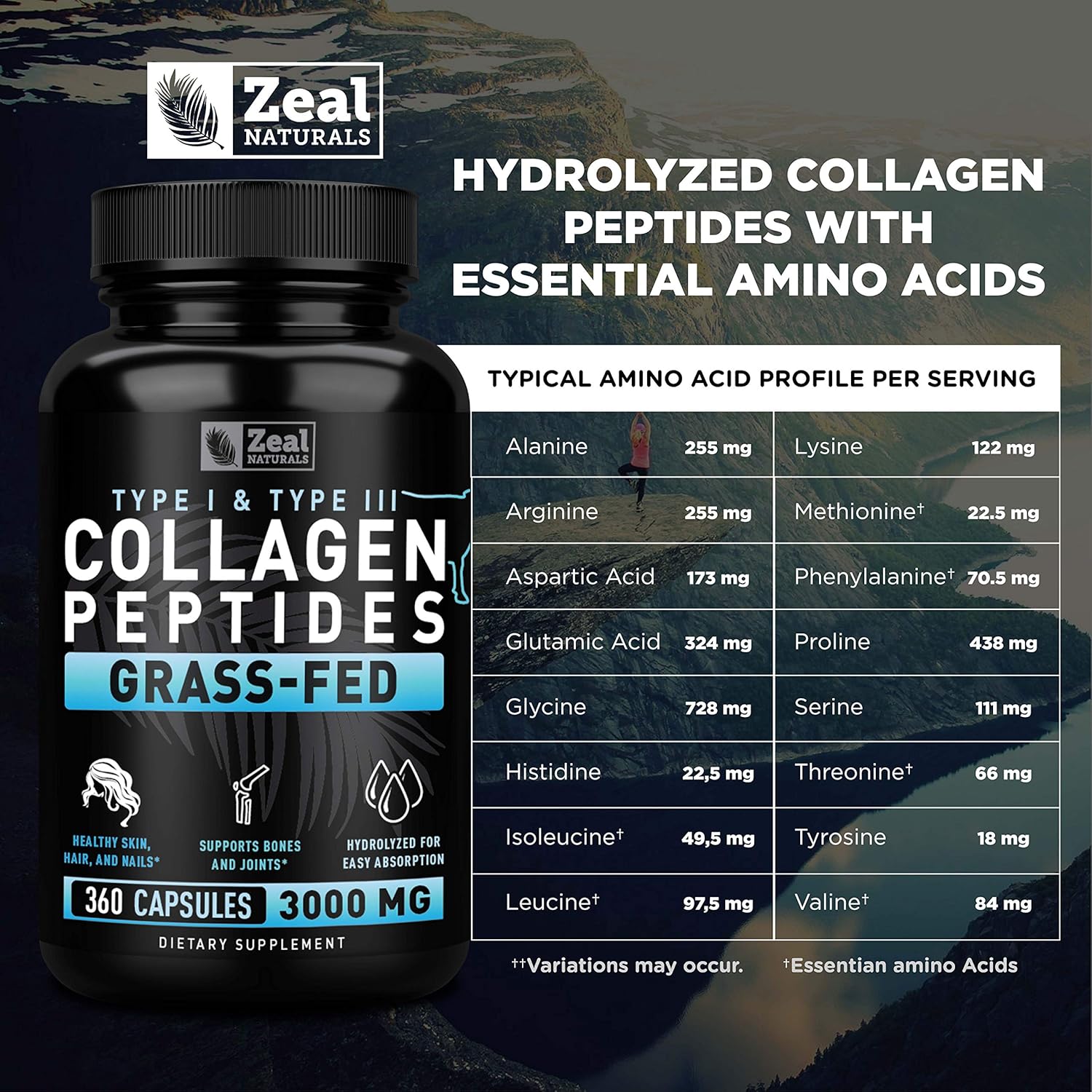 Zeal Naturals Collagen Peptides Collagen Pills (360 Capsules) Grass Fed Collagen Pepetide Powder - Hydrolyzed Collagen Powder for JointTendon SupplementHair Skin and Nails -