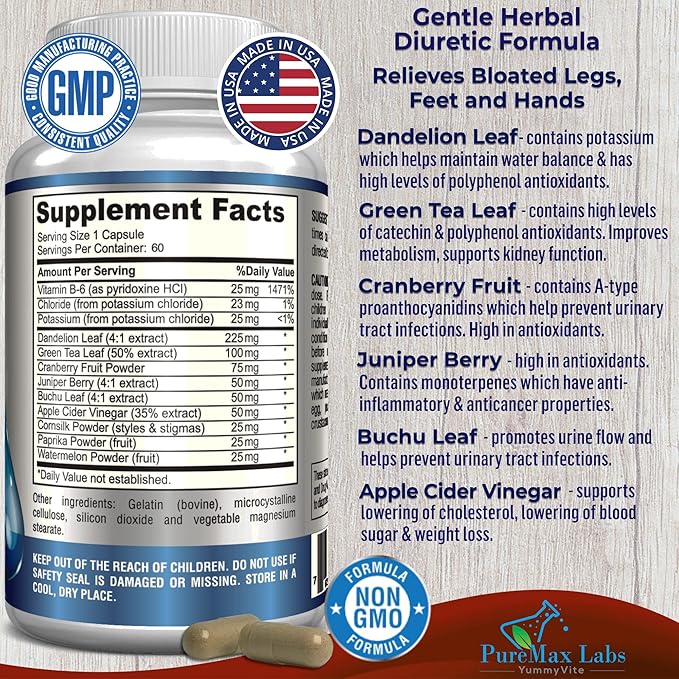 Water Away Gentle Herbal Diuretic - Natural Diuretic Water Pills - Relieve Bloating, Reduce Excess Water Weight with Dandelion Leaf, Green Tea, Detox Cleanse & Urinary Health. Non-GMO, 60 Capsules