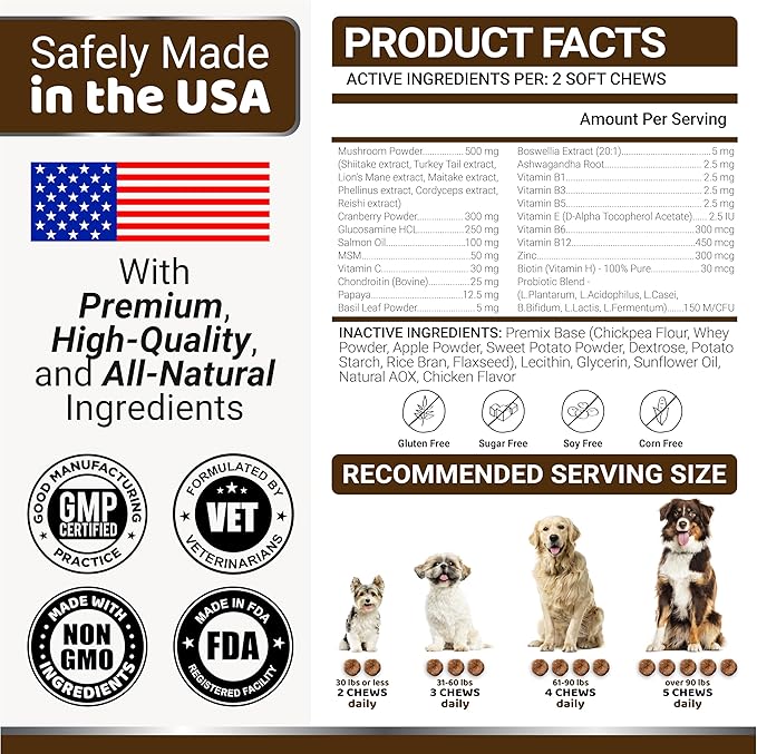 Turkey Tail Mushroom for Dogs - 170 Count - Mushroom Chews for Dogs Lipoma Lumps and Bumps - Immune Health, Digestive, Skin, Energy, Joint Vitamin Support Guard Buddy - Multivitamin Supplement