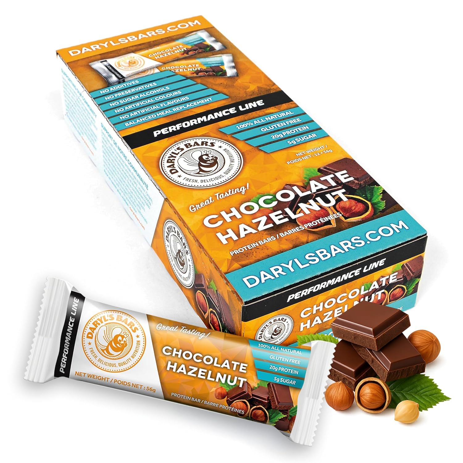 Daryl's Bars, Chocolate Hazelnut On the Go Whey Protein Bars, Gluten Free, 20gr of Protein Snack, Meal Replacement, Pack of 1