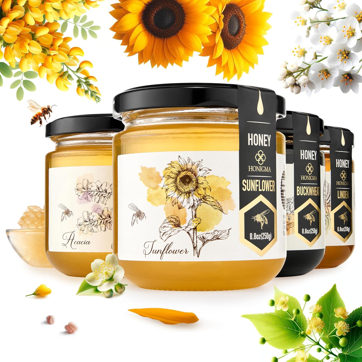 HONIGMA® Raw Honey | Exquisite Taste | 100% Pure | Unpasteurized | Unfiltered | Partially crystallized | 8.8 Fl Oz (Pack of 4)