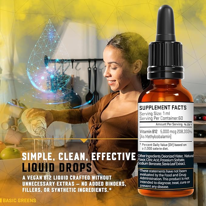 Vitamin B12 Sublingual Liquid Drops 5000 mcg – Vegan Methyl B-12 Supplement for Energy & Focus – B 12 Vitamin for Women & Men – Fast Absorption Methylcobalamin – 120 Servings – 4 fl oz
