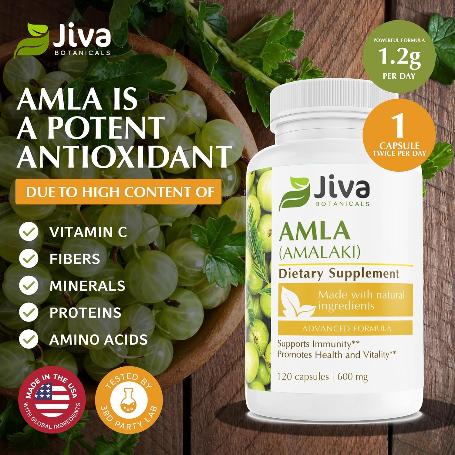 Jiva Botanicals Amla Capsules (Amalaki) - 120 Vegan Capsules - Amla Powder - Indian Gooseberry Supplement for Vitality (Pack of 120)