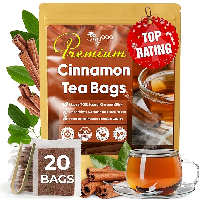 TOG999, Premium 20 Cinnamon Tea Bags, 100% Natural & Pure. Cinnamon Herbal Tea. No Sugar, No Caffeine, No Gluten, Vegan.