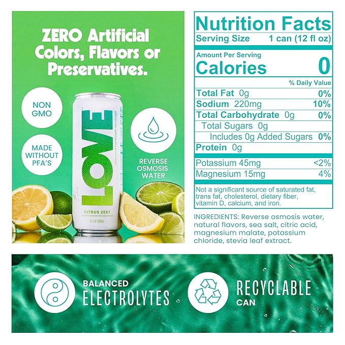 Be LOVE Balanced Electrolyte Beverage with Magnesium, Potassium & Sodium - Purified Still Beverage for Daily Hydration, Exercise, Work & Wellness- Zero Sugar, Gluten Free (Citrus Zest, 12oz x 12ct)