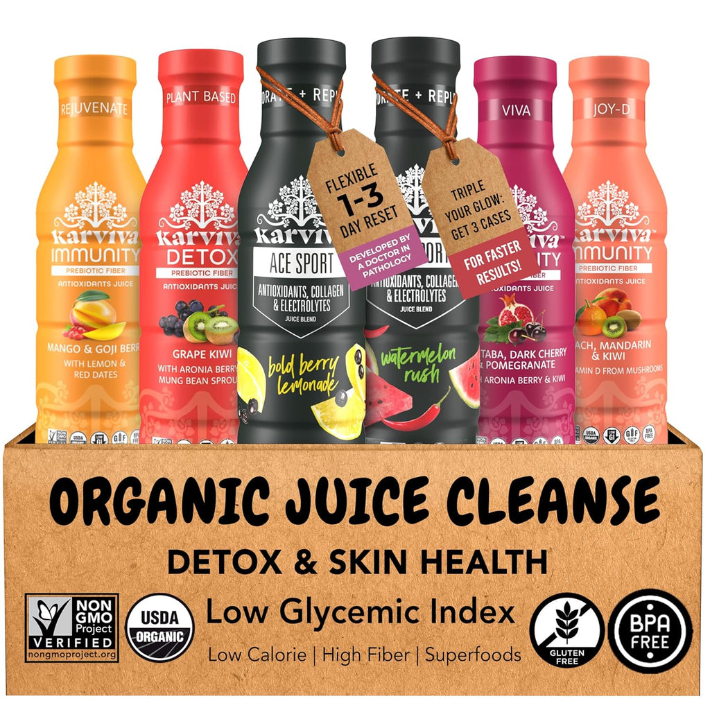 Karviva Organic Juice Cleanse & Skin Glowing Pack – Detox & Collagen Boost, Low-Sugar, High Fiber, Antioxidants & Vitamins – Ancient Remedies For Weight Control & Sugar Detox, 1–3 Day Use (6 BPA-Free Bottles, 12 oz)