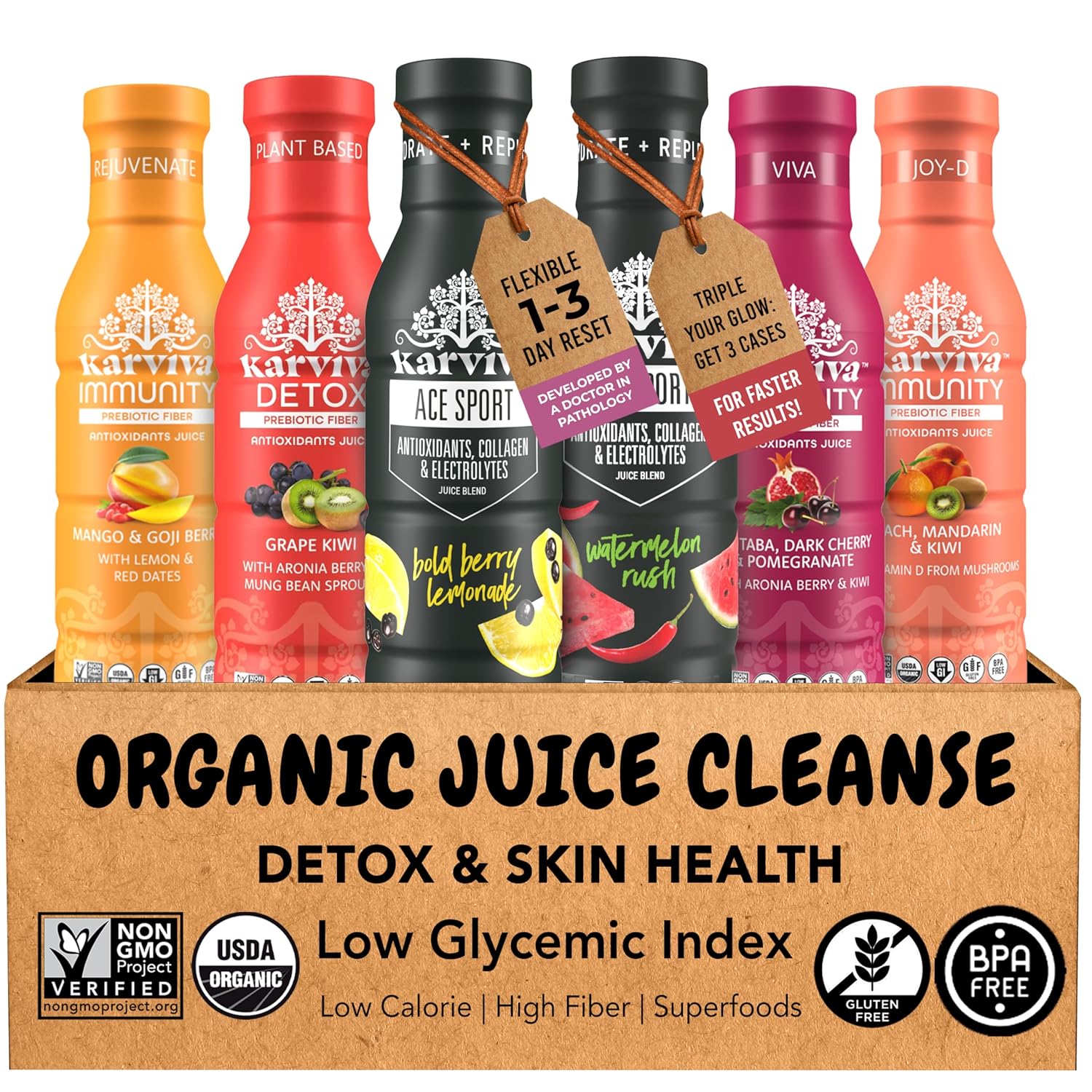 Karviva Organic Juice Cleanse & Skin Glowing Pack – Detox & Collagen Boost, Low-Sugar, High Fiber, Antioxidants & Vitamins – Ancient Remedies For Weight Control & Sugar Detox, 1–3 Day Use (6 BPA-Free Bottles, 12 oz)