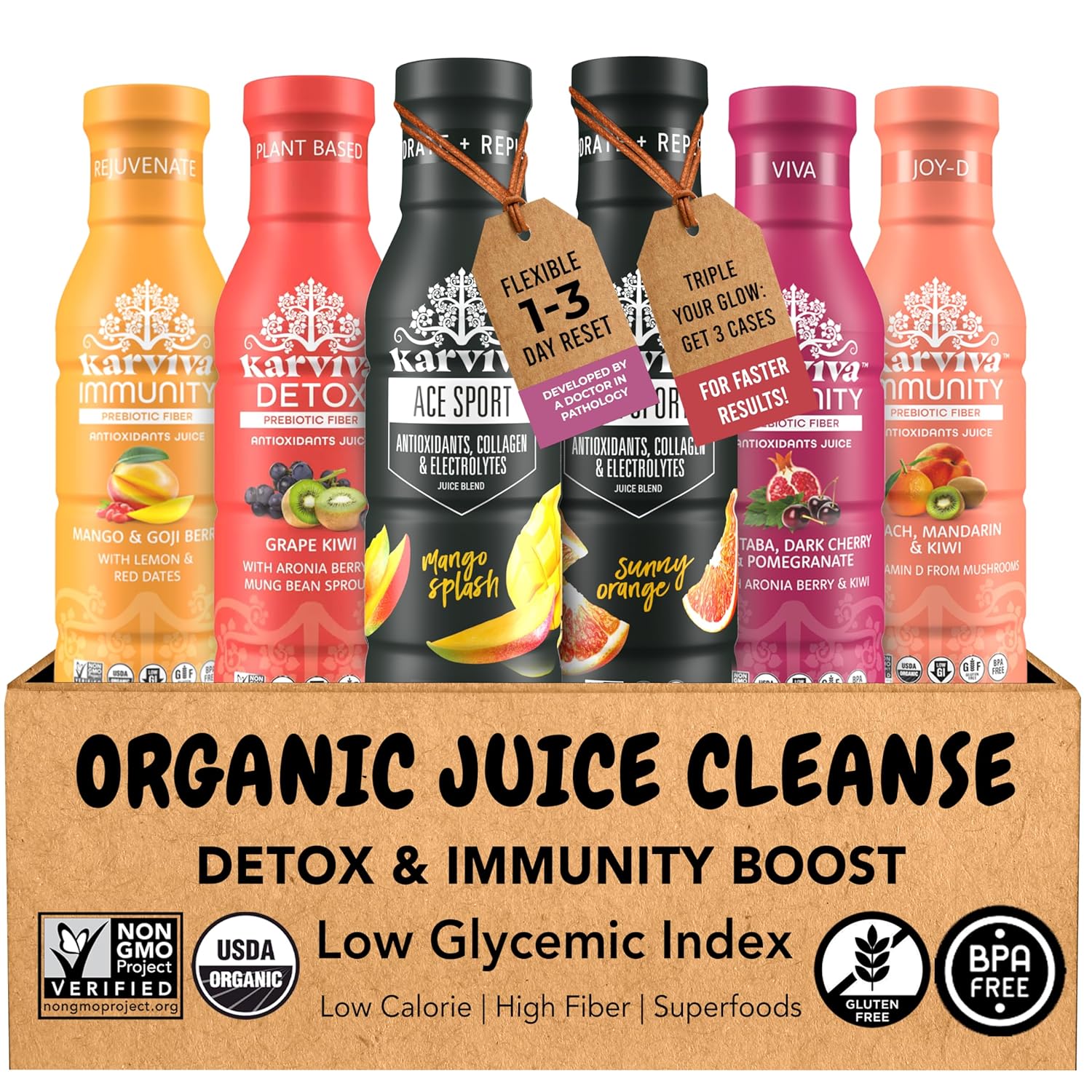 Karviva Organic Detox Juice Cleanse & Immunity Boost, Ancient Remedies for Gentle Detox & Restore Digestion, Prebiotics, Vitamin C, D & Marine Collagen, Low-Sugar, Gluten-Free, 1 to 3 Day Use, (6 BPA-Free Bottles, 12 oz Each)