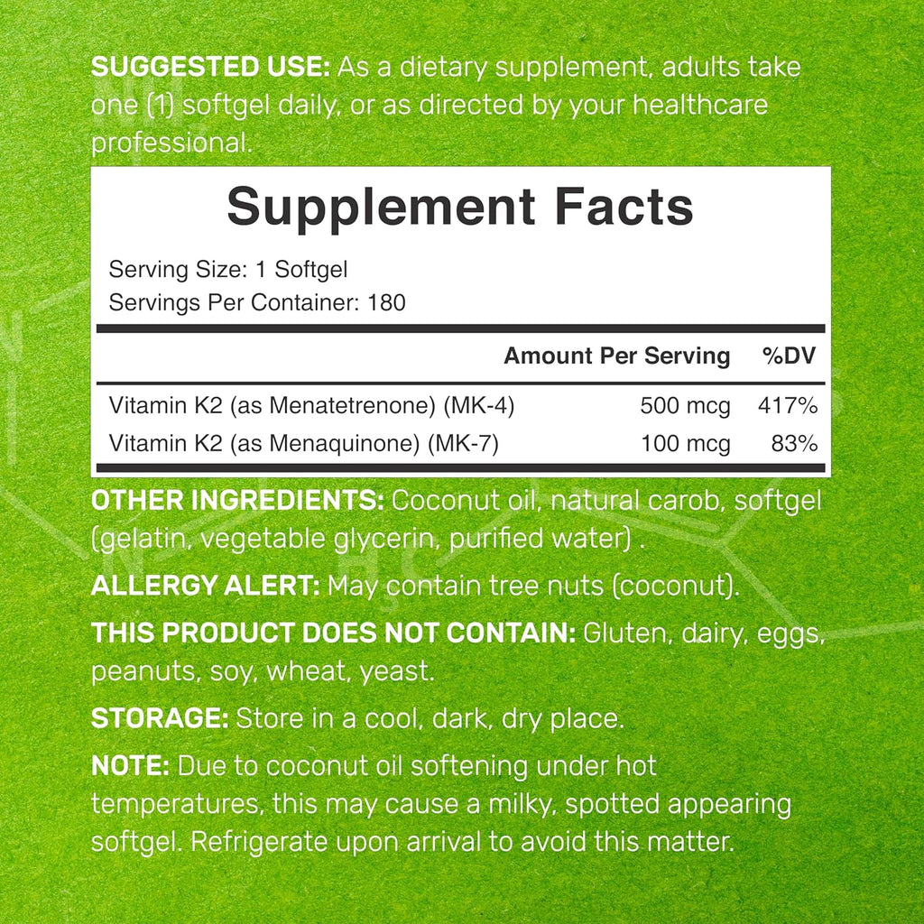 DEAL SUPPLEMENT Vitamin K2 Supplement 600mcg, 180 Coconut Oil Softgels | Full Spectrum High Absorption MK-7 & MK-4 Forms | Bone, Joint, & Immune Support – Non-GMO