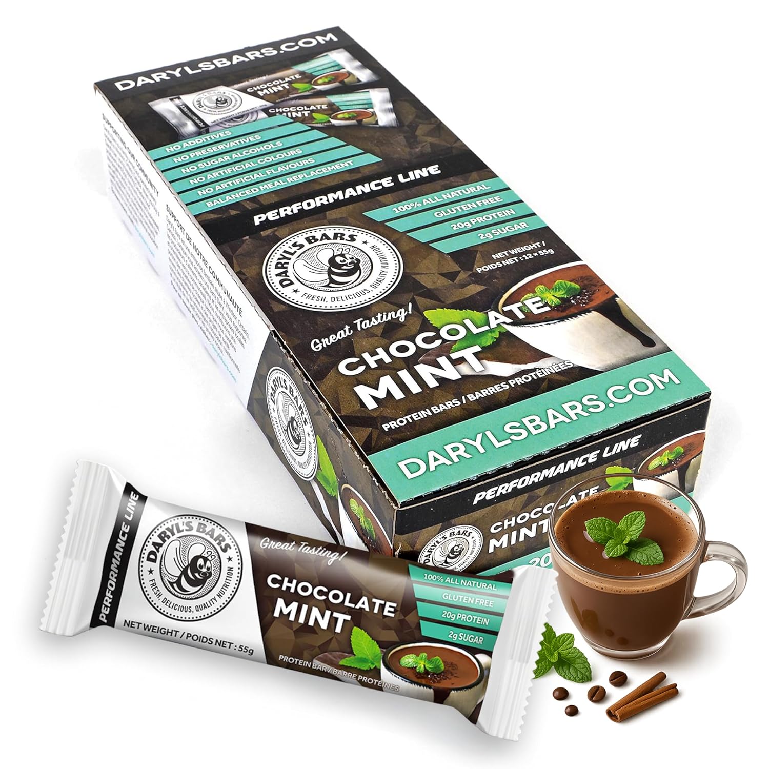 Daryl's Bars, Chocolate Mint On the Go Whey Protein Bars, Gluten Free, Low Sugar, 20gr of Protein Snack, Meal Replacement, Pack of 1