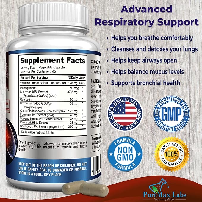 Lung Support Supplement, Lung Cleanse & Lung Detox Formula, Lung Health Support for Clear Lungs, Comfortable Breathing, Bronchial Health, 60 Capsules