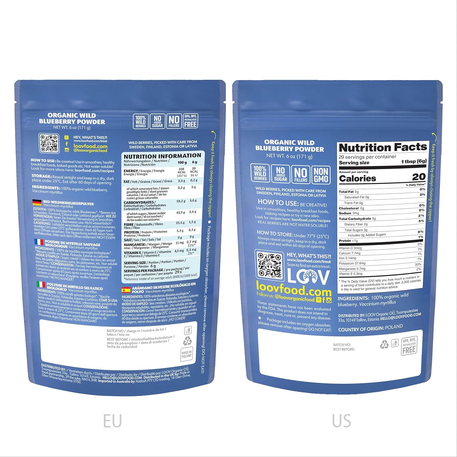 LOOV Organic Wild Blueberry Powder - 29-Day Supply, 6 Oz, Good for Smoothie & Breakfast, Freeze-Dried, from Northern Europe, No Added Sugar