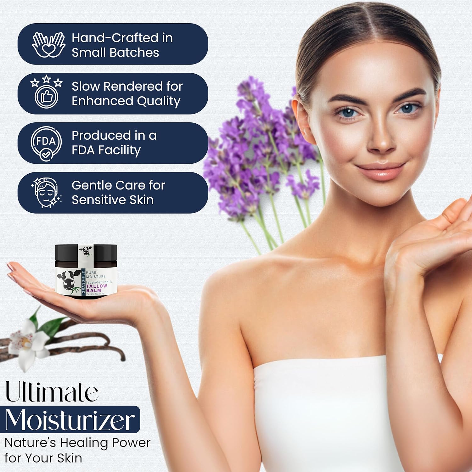 Beef Tallow for Skin - Handmade Organic Grass Fed Beef Tallow Face Moisturizer - Lavender Scented Beef Tallow Balm with Deep Hydration, Soothing Relief, Skin Repair is Great Gift Idea for Women