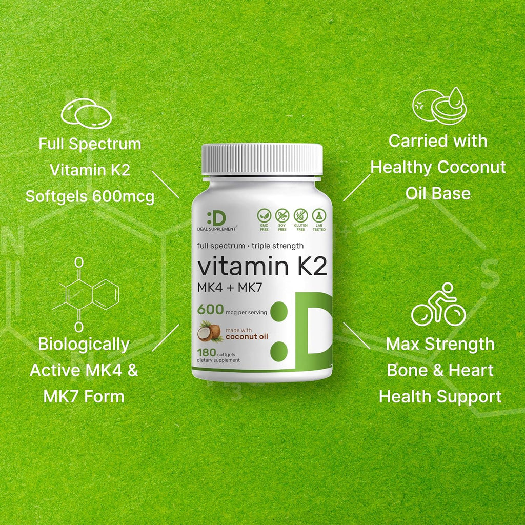 DEAL SUPPLEMENT Vitamin K2 Supplement 600mcg, 180 Coconut Oil Softgels | Full Spectrum High Absorption MK-7 & MK-4 Forms | Bone, Joint, & Immune Support – Non-GMO