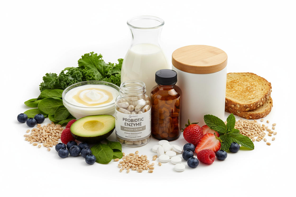 Digestive & Gut Health
Probiotics, enzymes, and fiber supplements designed to improve digestion, support gut balance, and enhance nutrient absorption for better overall health. (make it real photo)