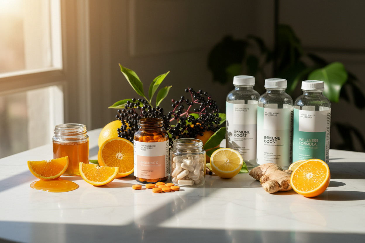 Immunity Support
Specially selected supplements that help strengthen the body’s natural defenses, including vitamin C, zinc, elderberry, and immune-boosting blends for year-round protection. (make it real photo)